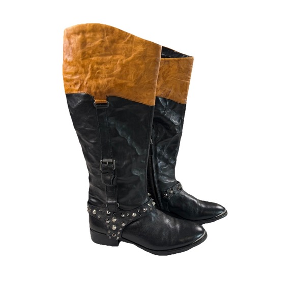 Sam Edelman 8.5 'Park' Two Tone Leather Knee High Spike Stud Belted Riding Boot - Picture 3 of 8